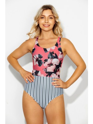 Floral Scoop Neck Zipper Onepiece Swimsuit