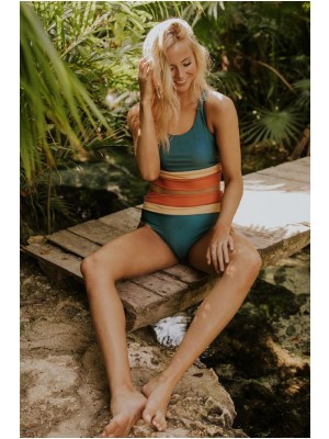 Teal Scoop Neckline Striped Criss Cross High Waist Two Piece Bikini Set