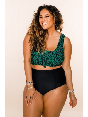 Green Leopard Print Scoop Neck Tie Front High Waist Two Piece Bikini Set