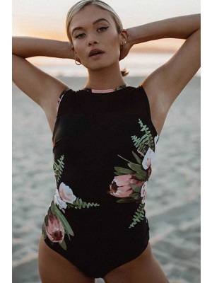 Deep Green Floral Print Wide Straps High Neck Low Back One Piece Swimsuit