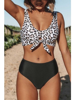 Leopard Print Scoop Neck Knot Front High Waist Two Piece Bikini Set
