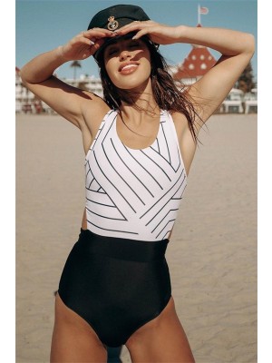 Striped Scoop Neck Zipper Onepiece Swimsuit