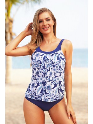 Navy Floral Scoop Neck Adjustable Stretch Straps Tankini Set