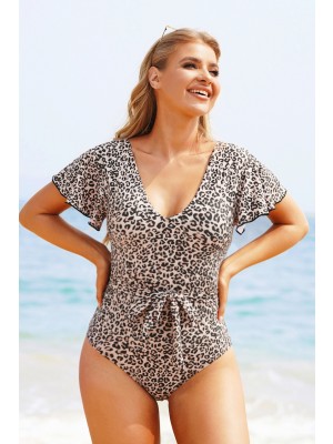 Leopard Print V Neck Ruffles Low Back Onepiece Swimsuit