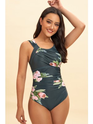 Floral Print Scoop Neck Wide Strap Onepiece Swimsuit
