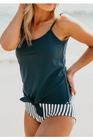 Navy Scoop Neck ​tie Front Blouson Tankini Set
