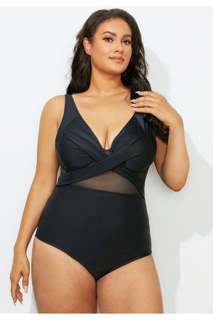Black Twist Front Mesh OnePiece Swimsuit