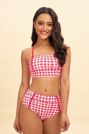 Active Red Plaid Squre Neck Adjustable Spaghetti Straps High Waist Two Piece Bikini Set