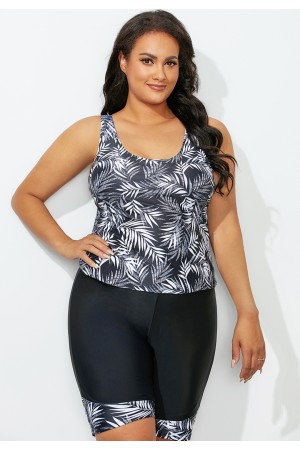 Black Leaf Print Tankini Top With Bike Short