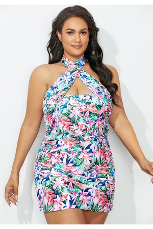 Floral Cross Neck Halter Swimdress
