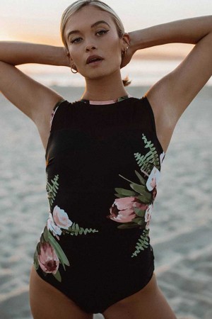 Deep Green Floral Print Wide Straps High Neck Low Back One Piece Swimsuit