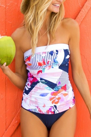 Floral Print Bandeau Strapless Shirring Tankini Set