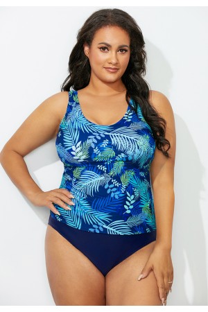 Tropical Leaf Scoop Neck Tankini Set