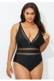 Black Mesh Plunge VNeck OnePiece Swimsuit